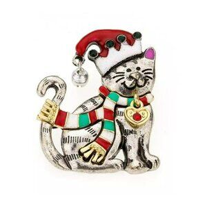 Kitty Cat Christmas Pin Multi-color Silver Holiday Scarf Lapel Hat  JJ1221
